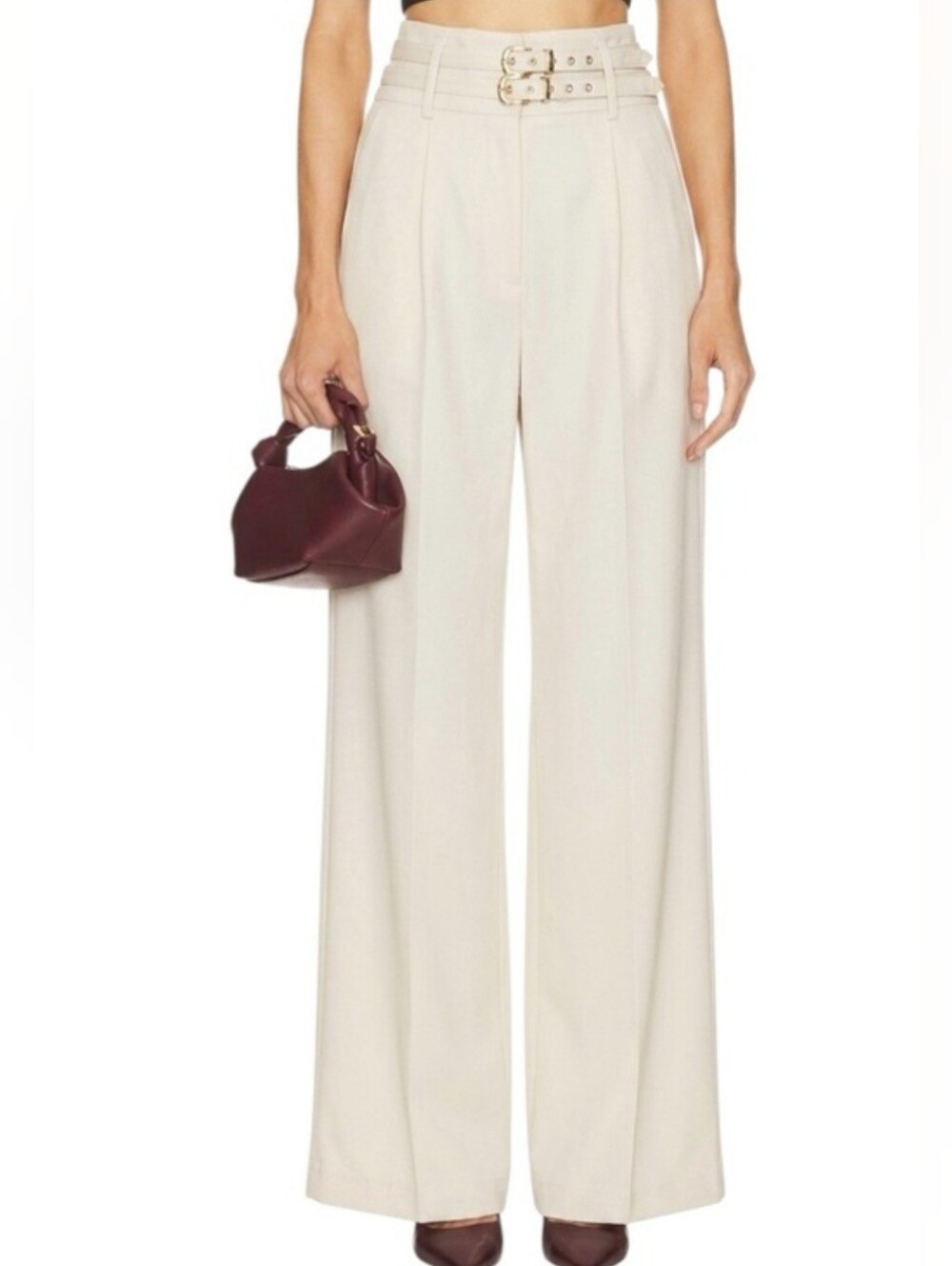 Amanda Uprichard Blythe Bone Wide-Leg Trousers with Double Waist Belts